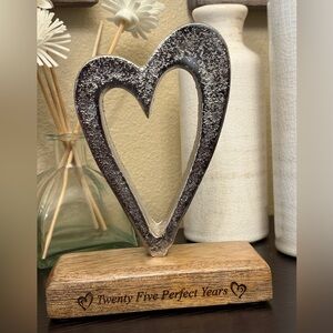 Twenty Five Years Anniversary Gift Heart on Wooden Base - Metallic Silver New